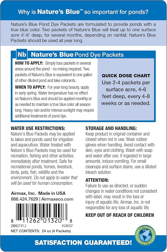 Airmax Pond Dye Packets Nature's Blue Colorant for Large Pond & Lake, Beneficial UV Blocking Color Concentrate, Maintain Clean & Clear Water, Fish & Animal Safe, 16 Soluble Packets
