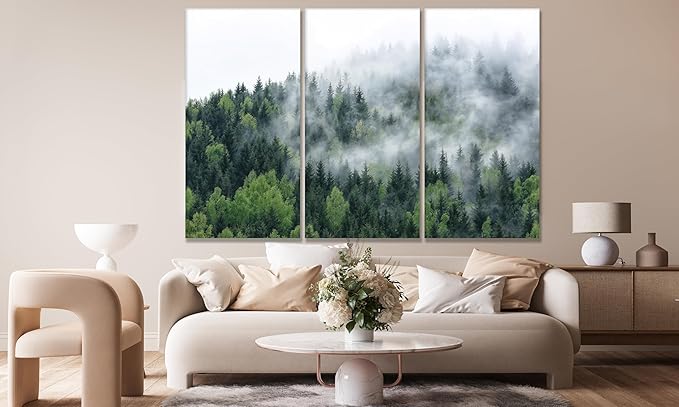 Nature Wall Art Prints - Ocean Forest Mountain Lake Canvas Landscapes - Small to Extra Large Living Room Bedroom Kitchen Bathroom Décor (Pine Trees in Fog, 47L" x 71W" - 3 panels)