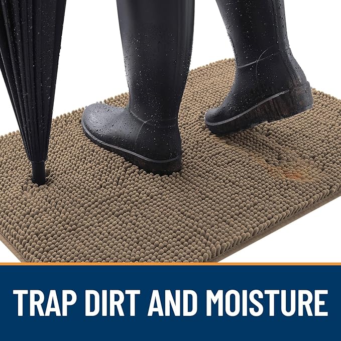 OLANLY Dog Door Mat for Muddy Paws 47x24, Absorbs Moisture and Dirt, Absorbent Non-Slip Washable Doormat, Quick Dry Chenille Mud Mat for Dogs, Entry Indoor Entryway Carpet for Inside Floor, Tan