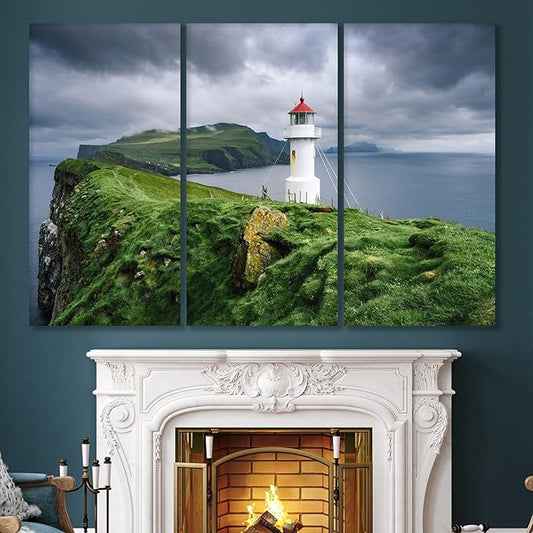 Nature Wall Art Prints - Ocean Forest Mountain Lake Canvas Landscapes - Small to Extra Large Living Room Bedroom Kitchen Bathroom Décor (Stormy Sky Lighthouse, 35L" x 53W" - 3 Panels)