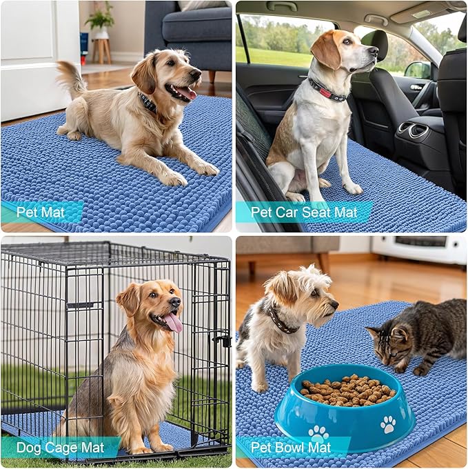 OLANLY Dog Door Mat for Muddy Paws 36x24, Absorbs Moisture and Dirt, Absorbent Non-Slip Washable Doormat, Quick Dry Chenille Mud Mat, Entry Indoor Entryway Carpet for Inside Floor, Cornflower Blue