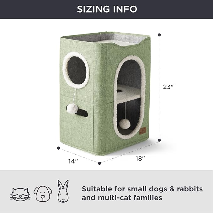 Bedsure 2 Story Cat House - Cat Condos for Indoor Cats with Scratch Pad and Fluffy Ball Hanging, Small Pet Cave Furniture Hideaway for Multi Pets, 18x14x23 inches, Green