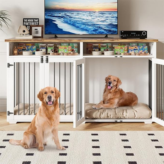 63'' Dog Crate Furniture for 2 Dogs, Wooden Dog Cage with Storage Compartment, Indoor Dog Kennel with 4 Doors for Large/Medium Dogs, White