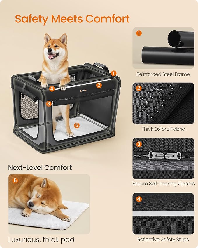 Feandrea Collapsible Dog Crate, 30-Inch Portable Dog Travel Crate for Medium Dogs, Oxford Fabric Pet Carrier with 4 Mesh Doors, Handles, Storage Pocket, Water Bottle Holder, Ink Black UPDC017B01