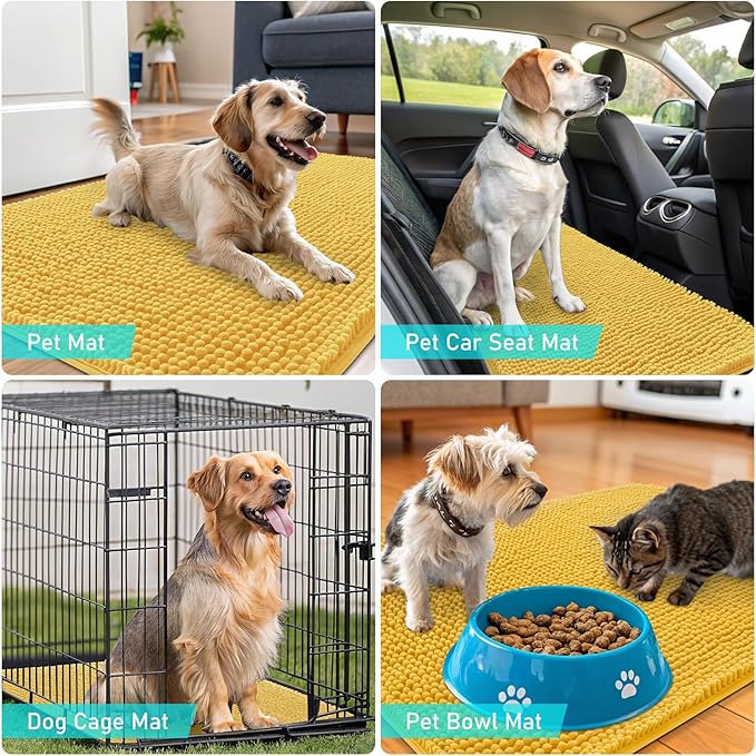 OLANLY Dog Door Mat for Muddy Paws 30x20, Absorbs Moisture and Dirt, Absorbent Non-Slip Washable Doormat, Quick Dry Chenille Mud Mat for Dogs, Entry Indoor Entryway Carpet for Inside Floor, Yellow