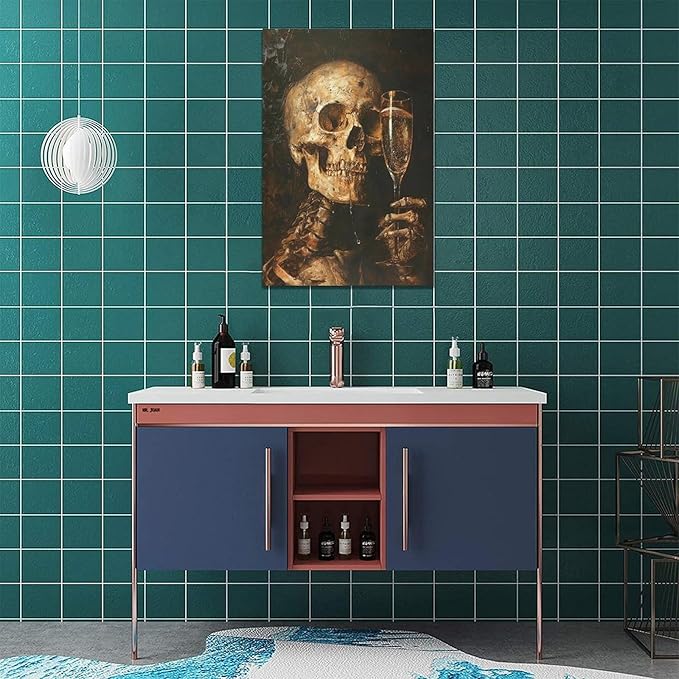 Quorin Gothic Skeleton Wall Art Goth Skull Champagne Wall Decor Dark Academia Pictures Horror Canvas Print Painting Artwork for Bathroom Living Room Bedroom 16"x24"