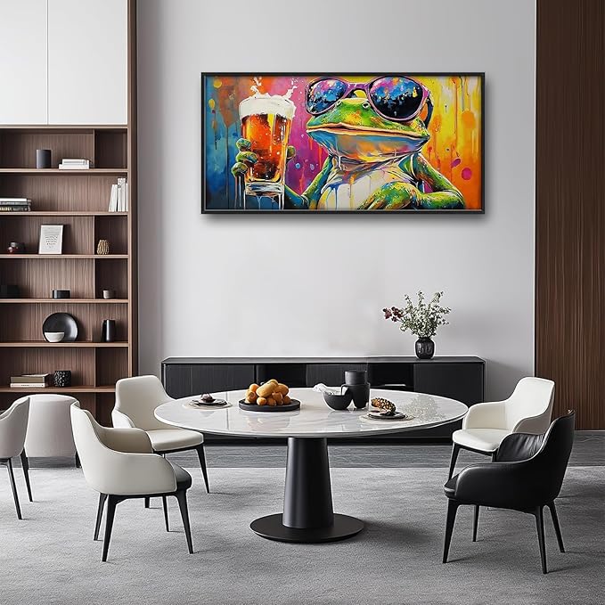 Large Graffiti Frog Wall Art for Living Room, Framed Oversized Funny Frog Beer Wall Decor Colorful Animal Canvas Painting Modern Artwork for Bathroom Bedroom Office Dining Room 60"x30"