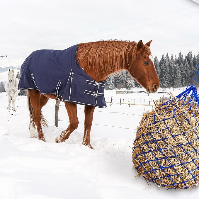 Fabbay 4 Pcs Slow Feed Hay Net Feeder Hay Bag for Horses Slow Feeder 40 Inch Length with 2 Inch Holes Hanging Horse Feed Net for Goat Cattle Equine Stalls Barn Supplies(Blue)