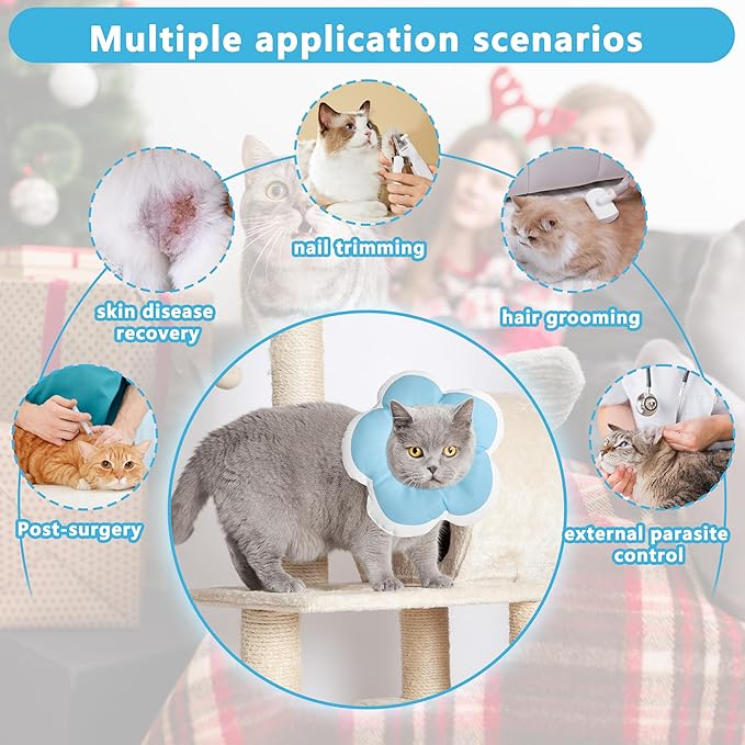 Cat Cone Collar Soft, Waterproof Cats Cones to Stop Licking After Surgery, Adjustable Soft Elizabeth Cats Collars for Wound Healing, Flower Shape Cat Recovery Collar (Blue, X-Small)
