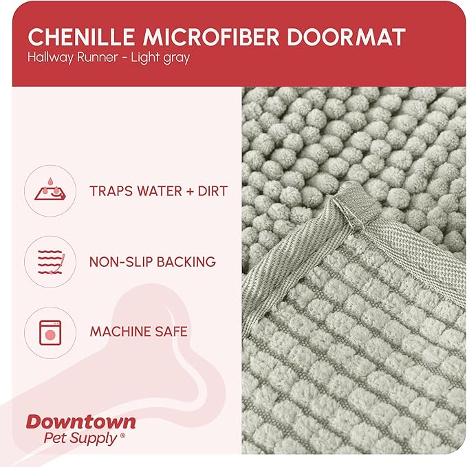 My Doggy Place Microfiber Dog Mat for Muddy Paws, 8' x 2' Light Gray - Non-Slip, Absorbent and Quick-Drying Dog Paw Cleaning Mat, Washer and Dryer Safe - Hallway Runner