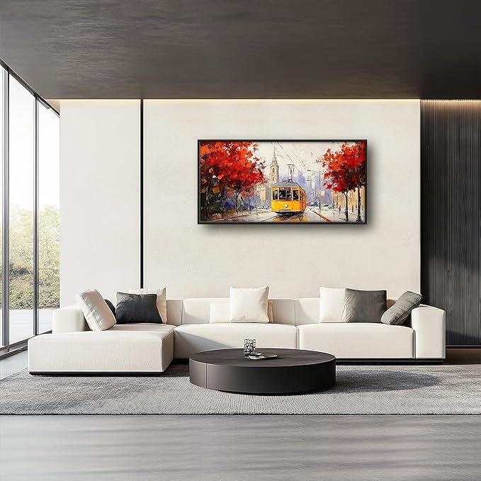 Large Cityscape Wall Art for Living Room, Framed Oversized Urban Tram Wall Decor Tree Landscape Canvas Painting Modern Artwork for Living Room Bathroom Bedroom Office Dining Room 60"x30"