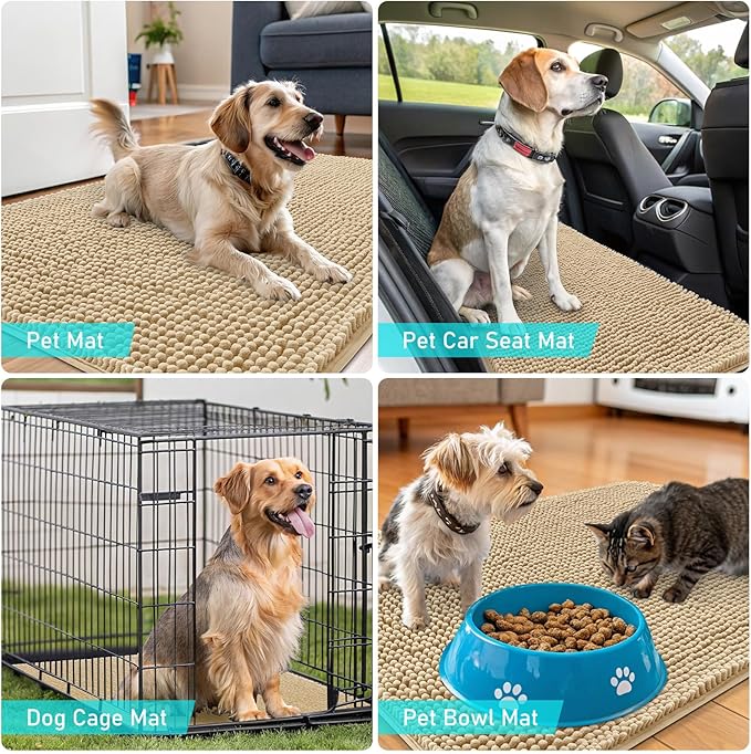 OLANLY Dog Door Mat Set 2-Piece 36x24, Absorbs Moisture and Dirt, Absorbent Non-Slip Washable Doormat, Quick Dry Chenille Mud Mat for Dogs, Entry Indoor Entryway Carpet for Inside Floor, Beige