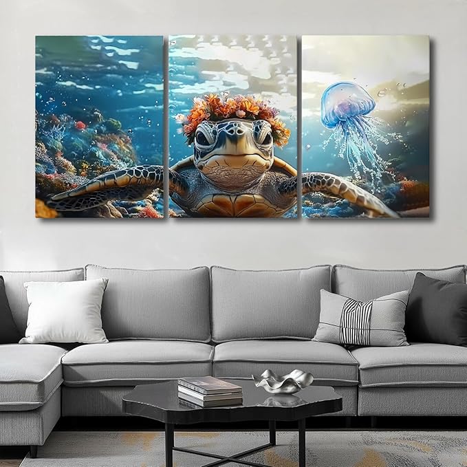 Wivsev Sea Turtle Canvas Wall Art,Under Sea Wall Art,Sea Life Pictures Wall Decor,Ocean Animal Painting for Bathroom,Living Room,Bedroom (16" x 24" x 3 pcs)