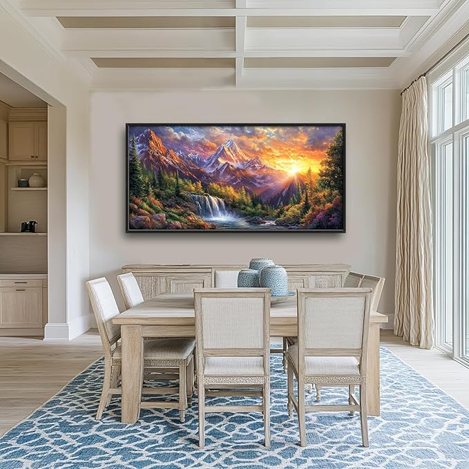 Large Mountain Tree Wall Art for Living Room, Framed Oversized Sunset Waterfall Wall Decor Nature Landscape Canvas Painting Modern Artwork for Living Room Bathroom Bedroom Office Dining Room 60"x30"
