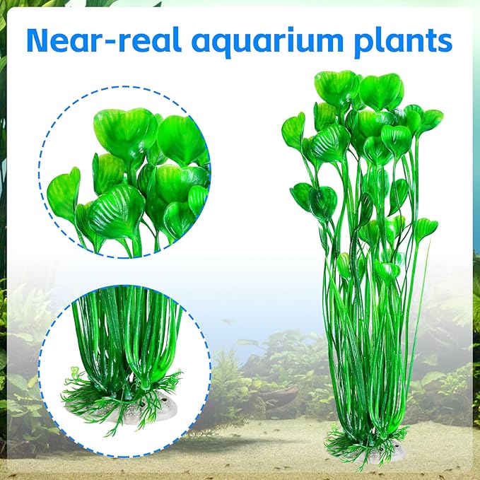 AQUANEAT Artificial Fish Tank Plants, Plastic Aquarium Accessories Large, 15.5 inch Green Decorations, 2pcs