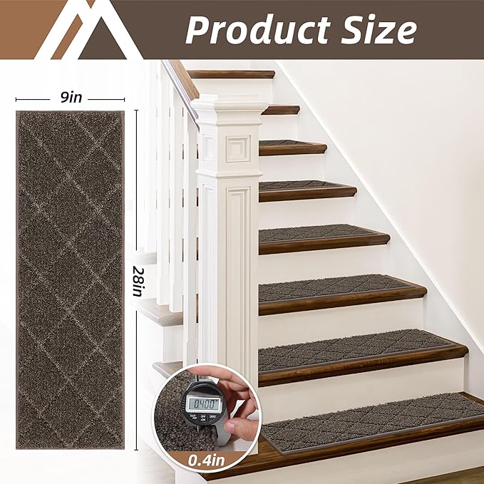 COSY HOMEER Edging Stair Treads Non-Slip Carpet Mat 28inX9in Indoor Stair Runners for Wooden Steps, Edging Stair Rugs for Kids and Dogs, 100% Polyester TPE Backing (15pc, Brown)
