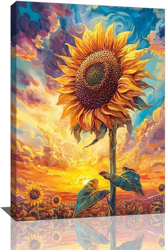 Sunflower Wall Art Canvas Yellow Floral Wall Decor Prints Framed Painting Pictures Gifts Artwork for Bathroom Bedroom Living Dining 16"x24"