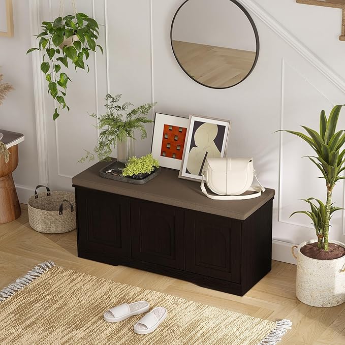 DINZI LVJ Shoe Bench, Entryway Storage Bench with Doors, Cushion, 2-Tier Shoe Rack with 6-Cubby, 39.4”L x 13.8”W Shoe Organizer Cabinet, Adjustable Shelf, Living Room, Bedroom, Espresso