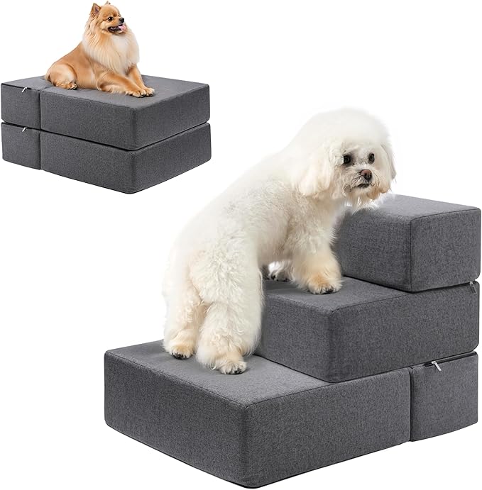 Foldable 18 Inch Wide 3 Step Wide Dog Stairs for Large Dogs, 18 Inch Height Foam Dog Steps for Bed & Couch, Linen Covered Pet Stairs for Dogs to Get on Bed, Outdoor Foam Pet Steps for for Cars & SUV
