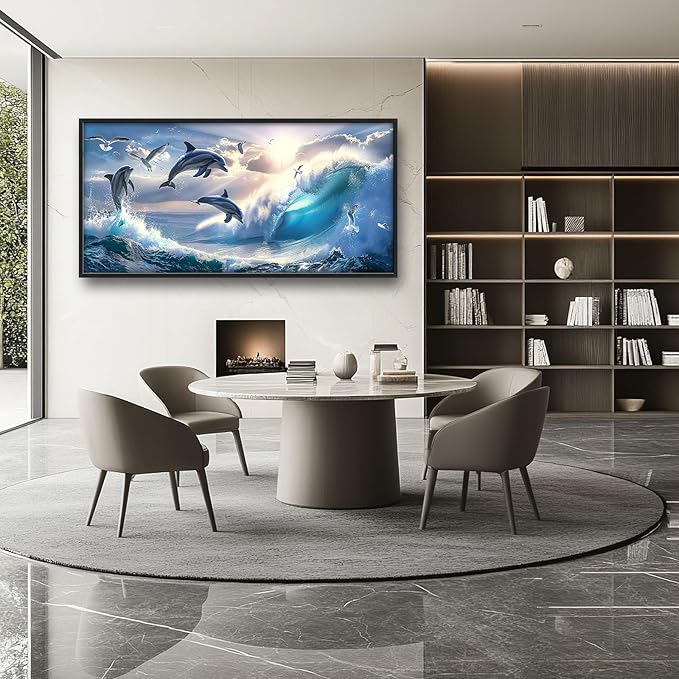 Dolphin Seagull Large Wall Art Sea Ocean Waves Sunrise Pictures Wall Decor Nautical Coastal Canvas Print Painting Artwork for Bathroom Living Room Bedroom 60L" x 30W"