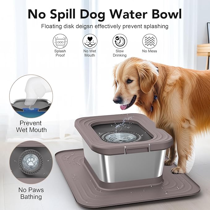 Decflow 10L Stainless Steel Dog Water Bowl, No Spill Anti-Splash Dog Bowls with XXL Silicone Mat, Spill-Proof Slow Feeder for Messy Drinkers, Heavy Duty Pet Bowls for Indoor/Outdoor Use