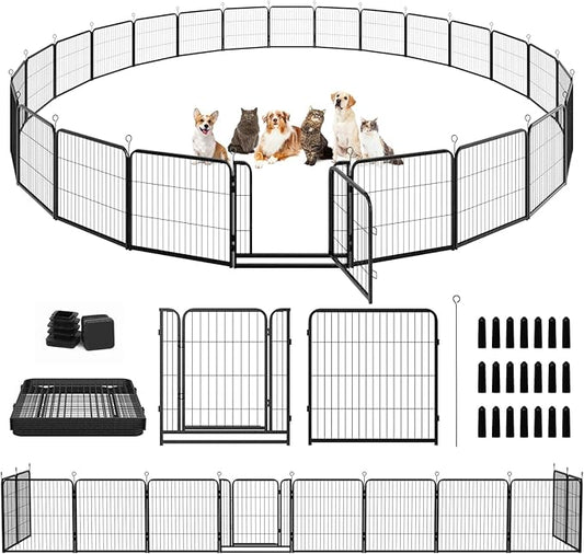 Dog Playpen Outdoor Extra Wide 24 Panels Heavy Duty Dog Fence 32" Height Anti-Rust with Doors Portable for RV Camping Yard, Total 63FT, 316 Sq.ft, Snowy Black