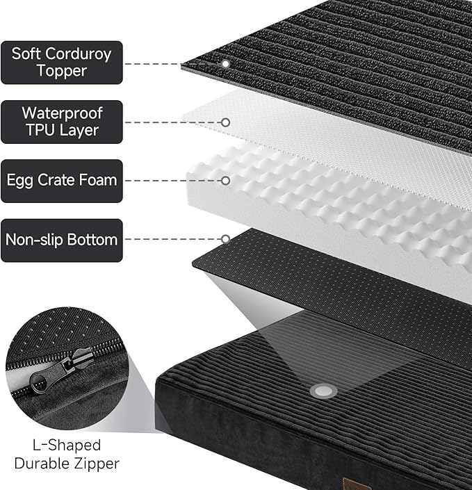 OhGeni Orthopedic Waterproof & Machine Washable Dog Bed for Medium Large Pets, Suitable for Crates, 25D Egg Crate Foam, Non-Slip Bottom & Removable Cover, Invisible Zipper, 35 Inches(Black)