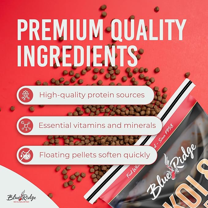 Blue Ridge Koi Fish Food 25lb - Koi Food 3/16” Large and Mini Blend Growth Formula, Goldfish Food, Premium Fish Food for Ponds, Ponds Fish Food, Floating Pond Pellets