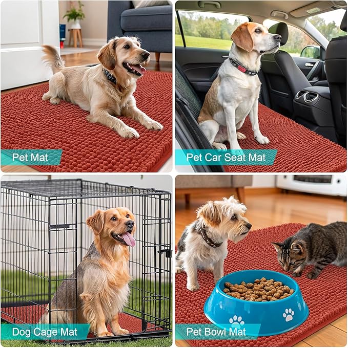 OLANLY Dog Door Mat for Muddy Paws 44x24, Absorbs Moisture and Dirt, Absorbent Non-Slip Washable Doormat, Quick Dry Chenille Mud Mat for Dogs, Entry Indoor Entryway Carpet for Inside Floor, Maple Red