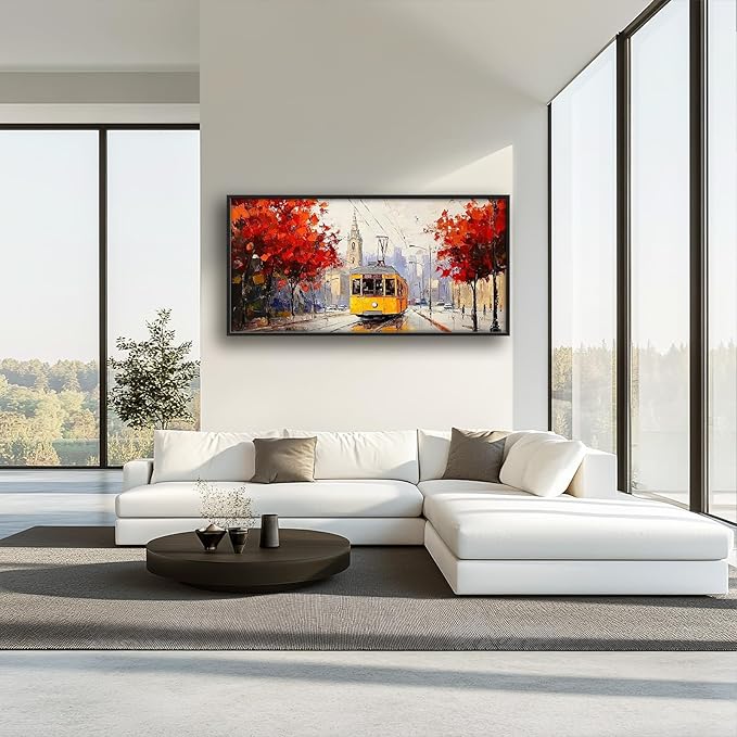 Large Cityscape Wall Art for Living Room, Framed Oversized Urban Tram Wall Decor Tree Landscape Canvas Painting Modern Artwork for Living Room Bathroom Bedroom Office Dining Room 60"x30"