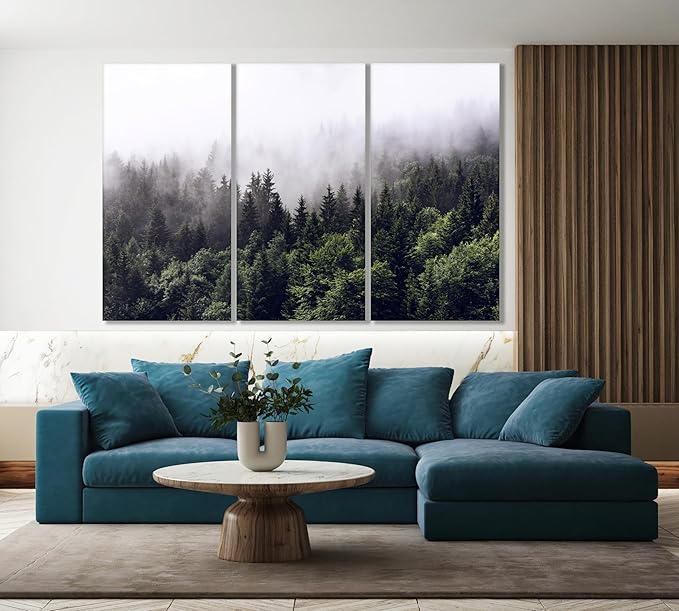 Nature Wall Art Prints - Ocean Forest Mountain Lake Canvas Landscapes - Small to Extra Large Living Room Bedroom Kitchen Bathroom Décor (Foggy Pine Forest, 39L" x 59W" - 3 Panels)