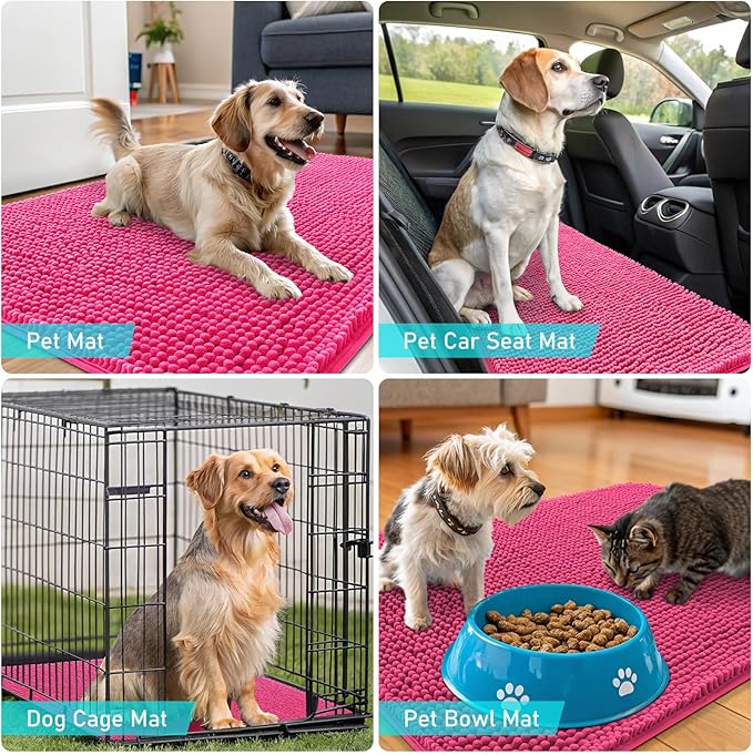 OLANLY Dog Door Mat for Muddy Paws 47x17, Absorbs Moisture and Dirt, Absorbent Non-Slip Washable Doormat, Quick Dry Chenille Mud Mat for Dogs, Entry Indoor Entryway Carpet for Inside Floor, Hot Pink