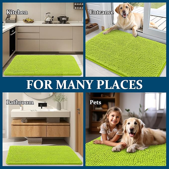 OLANLY Dog Door Mat for Muddy Paws 44x24, Absorbs Moisture and Dirt, Absorbent Non-Slip Washable Doormat, Quick Dry Chenille Mud Mat, Entry Indoor Entryway Carpet for Inside Floor, Bright Green