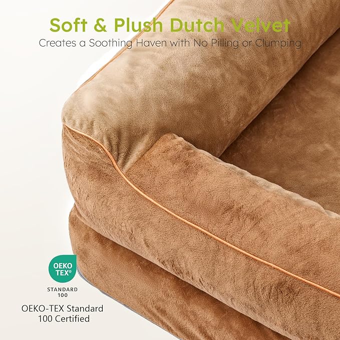 Jumbo Dog Bed for Extra Large Dogs, Orthopedic Dog Bed with Cooling Gel Memory Foam, Waterproof Pet Bed with Removable Washable Cover, 45" Pet Sofa Couch Dutch Velvet with Bone Toy, Brown