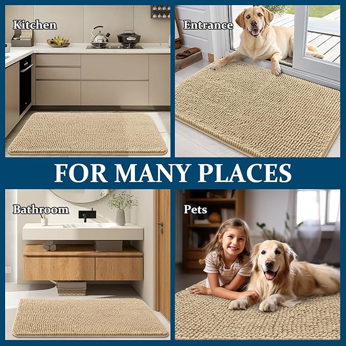 OLANLY Dog Door Mat Set 2-Piece 30x20, Absorbs Moisture and Dirt, Absorbent Non-Slip Washable Doormat, Quick Dry Chenille Mud Mat for Dogs, Entry Indoor Entryway Carpet for Inside Floor, Beige
