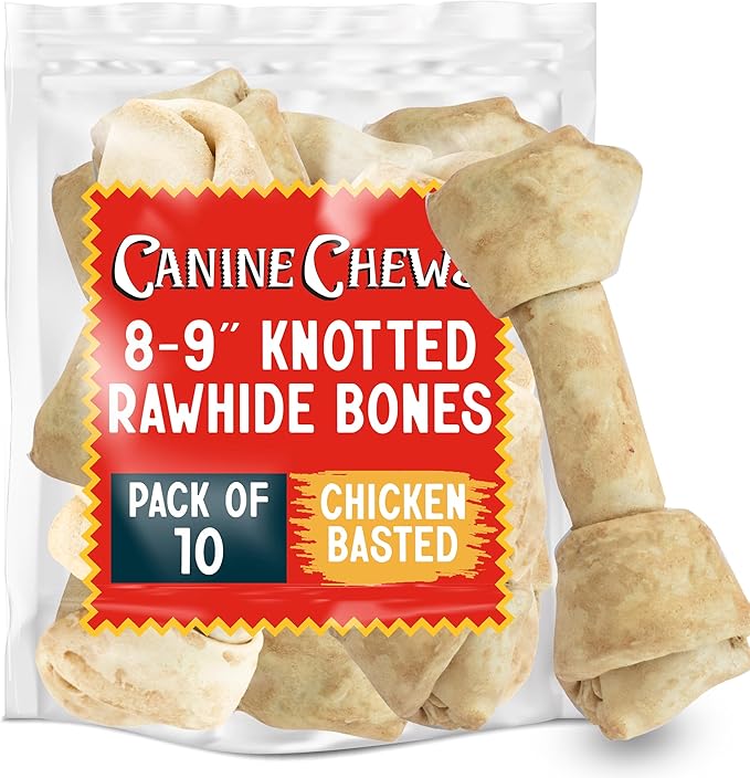 Canine Chews 8-9" XL Extra Large Rawhide Bone for Large Dogs Aggressive Chewers Savory Flavored 10 Pack (Chicken Flavor)