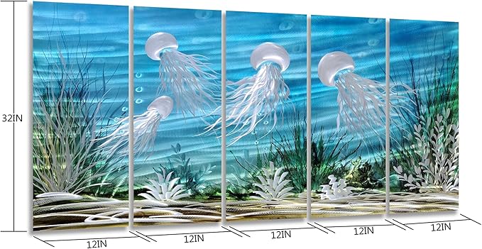SYGALLERIER Coastal Metal Wall Art Handcrafted 3D Jelly Fish Aluminum Artwork Modern Sea World Pictures Contemporary Abstract Sculpture for Living Room Bedroom Bathroom Decor