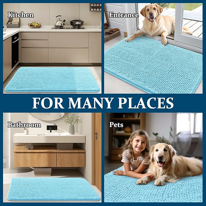 OLANLY Dog Door Mat for Muddy Paws 44x24, Absorbs Moisture and Dirt, Absorbent Non-Slip Washable Doormat, Quick Dry Chenille Mud Mat for Dogs, Entry Indoor Entryway Carpet for Inside Floor, Blue