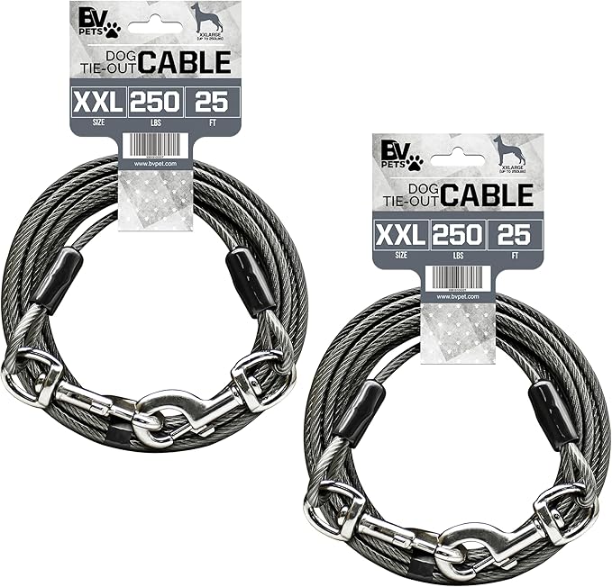 BV Dog Tie Out Cable 25 Feet - Heavy Duty Dog Lead Up to 250 Pounds - Reflective & Rust-Free with Quick Release Swivel Clips & 360° Rotating Clasp - Tangle-Free Dogs Runner for Yard (Grey, Pair)