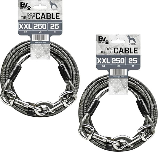 BV Dog Tie Out Cable 25 Feet - Heavy Duty Dog Lead Up to 250 Pounds - Reflective & Rust-Free with Quick Release Swivel Clips & 360° Rotating Clasp - Tangle-Free Dogs Runner for Yard (Grey, Pair)