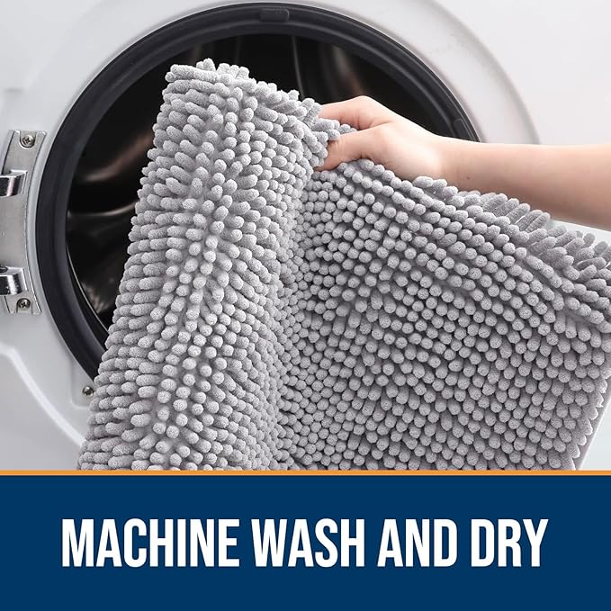 OLANLY Dog Door Mat for Muddy Paws 59x20, Absorbs Moisture and Dirt, Absorbent Non-Slip Washable Doormat, Quick Dry Chenille Mud Mat for Dogs, Entry Indoor Entryway Carpet for Inside Floor, Light Grey