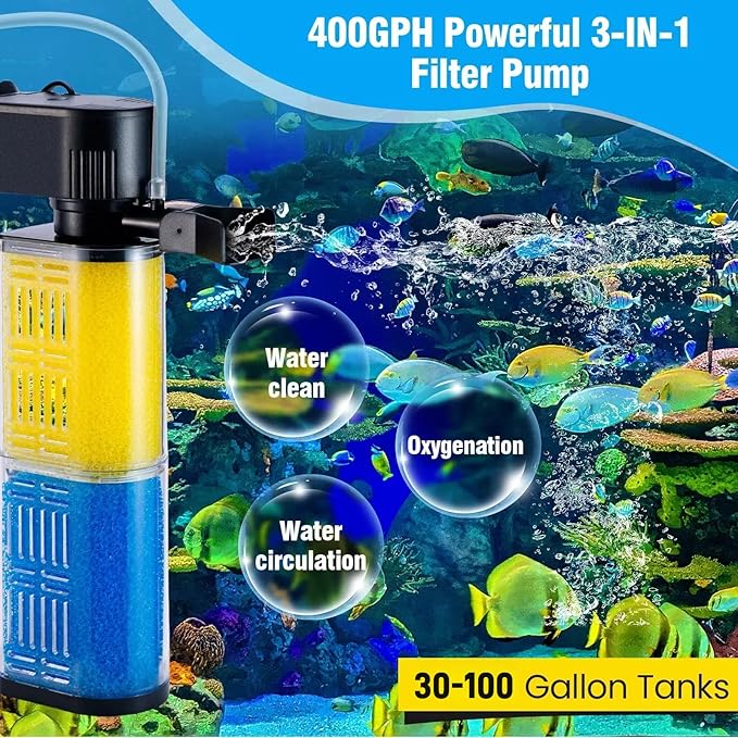Aquarium Filter for 30-100 Gallons, Ultra-Quiet Fish Tank Filters Biochemical Filtration 400GPH Powerful Pump Submersible Sponge Filter for Large Fish & Turtle Tanks Water Clear Air Supply (18W)