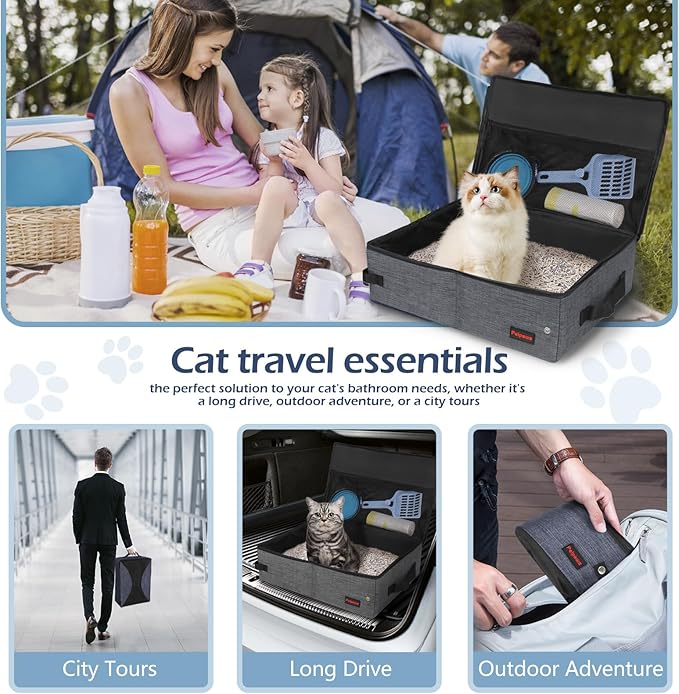 Portable Cat Travel Litter Box. Zipped Lid, Collapsible Litter Box for Cats. No Leakage, No Smell. Easy to Carry. Used for Hotels, Camping, Car (Gray,M)