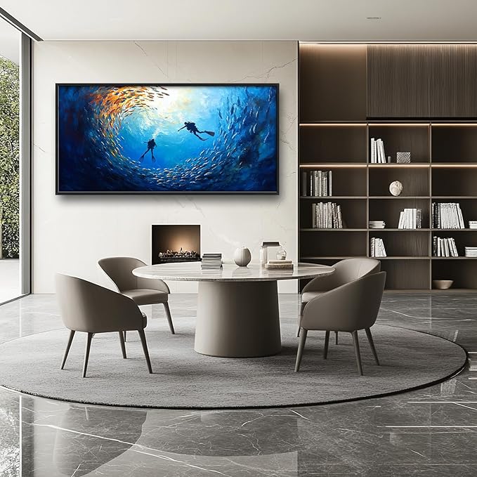 Large Ocean Diving Wall Art for Living Room, Framed Oversized Fish Wall Decor Underwater Marine Life Canvas Painting Modern Artwork for Living Room Bathroom Bedroom Office Dining Room 60"x30"