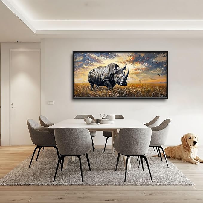 Rhino Large Wall Art Rustic Cool Wild Animal Rhinoceros Pictures Sunset Field Landscape Wall Decor Canvas Print Painting Artwork for Bathroom Living Room Bedroom 60L" x 30W"