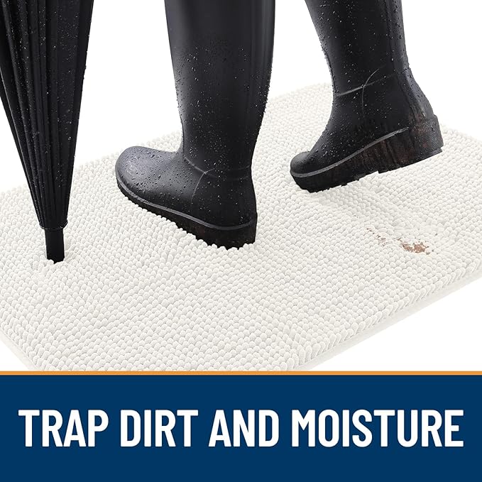 OLANLY Dog Door Mat for Muddy Paws 47x17, Absorbs Moisture and Dirt, Absorbent Non-Slip Washable Doormat, Quick Dry Chenille Mud Mat for Dogs, Entry Indoor Entryway Carpet for Inside Floor, Ivory