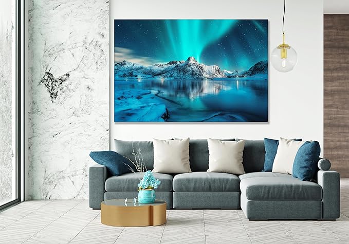 Nature Wall Art Prints - Ocean Forest Mountain Lake Canvas Landscapes - Small to Extra Large Living Room Bedroom Kitchen Bathroom Décor (Northern Lights Over Lake, 28L" x 41W")