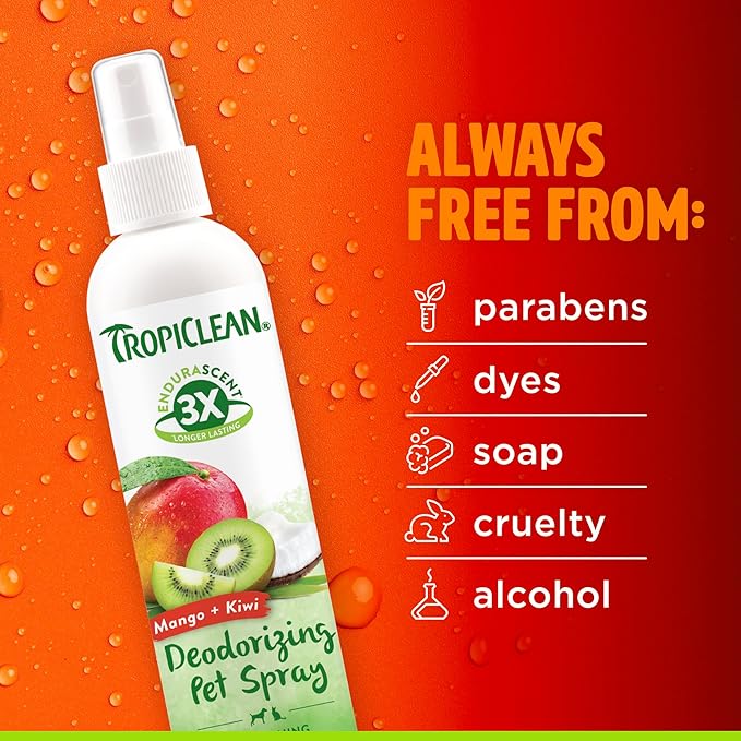 TropiClean Dog Perfume, Long Lasting Mango Kiwi Cologne, Deodorizing Spray for Smelly Dogs, After Bath Detangling Spray, Safe for Cats, 8oz.