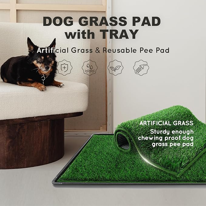 Dog Grass Pad with Tray Extra Large 45”×34” Ultra-Absorbent Artificial Grass Pad for Dogs Potty Grass Hemmed Edge for Indoor Potty Training, Reusable Dogs Pee Pads, Dog Litter Box Balcony