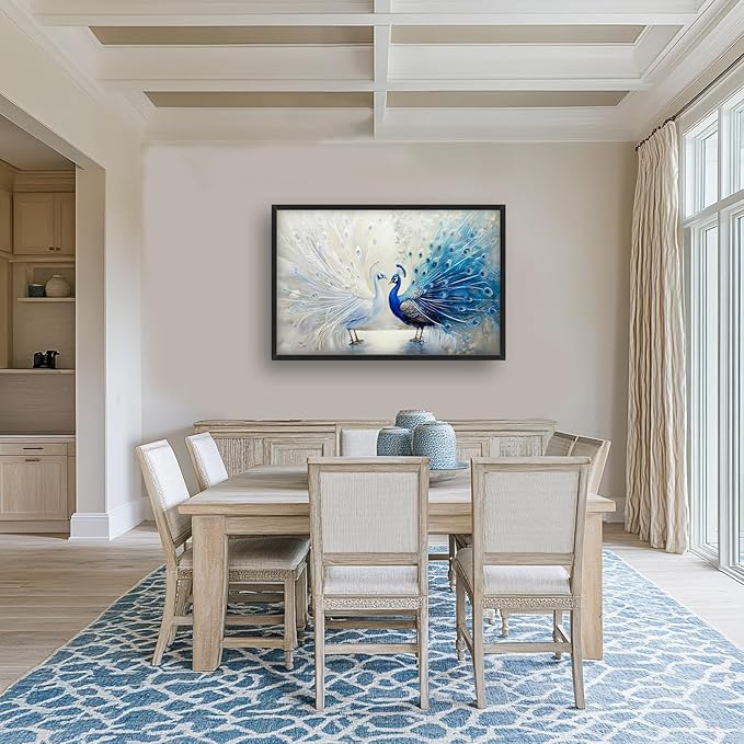 Quorin Peacock Large Wall Art Blue and White Pictures Elegant Animal Wall Decor Canvas Print Painting Artwork for Bathroom Living Room Bedroom 36L x 24W
